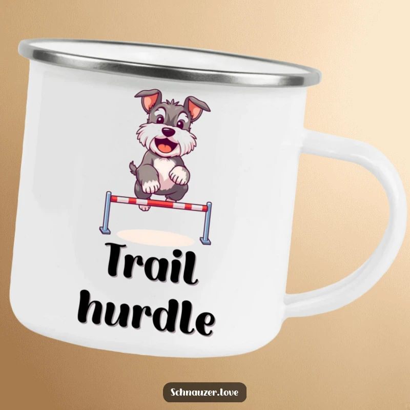 Funny Schnauzer camping mug featuring a cute dog happily jumping over a tiny hurdle, ready for outdoor fun and energy.