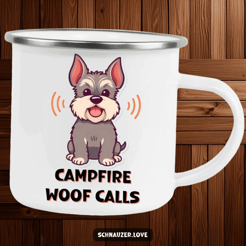 Funny Camping Mug featuring a happy schnauzer silhouette with playful bark sound waves, perfect for outdoor sipping.