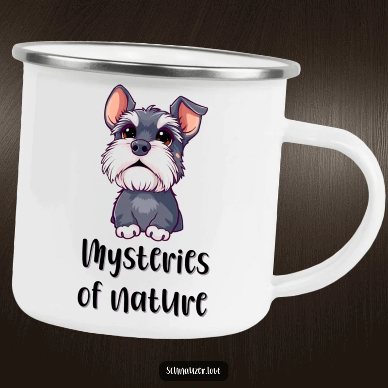 Funny schnauzer camping mug, a sturdy enamel mug with a dog with large, curious eyes looking upwards, ready for outdoor contemplation.