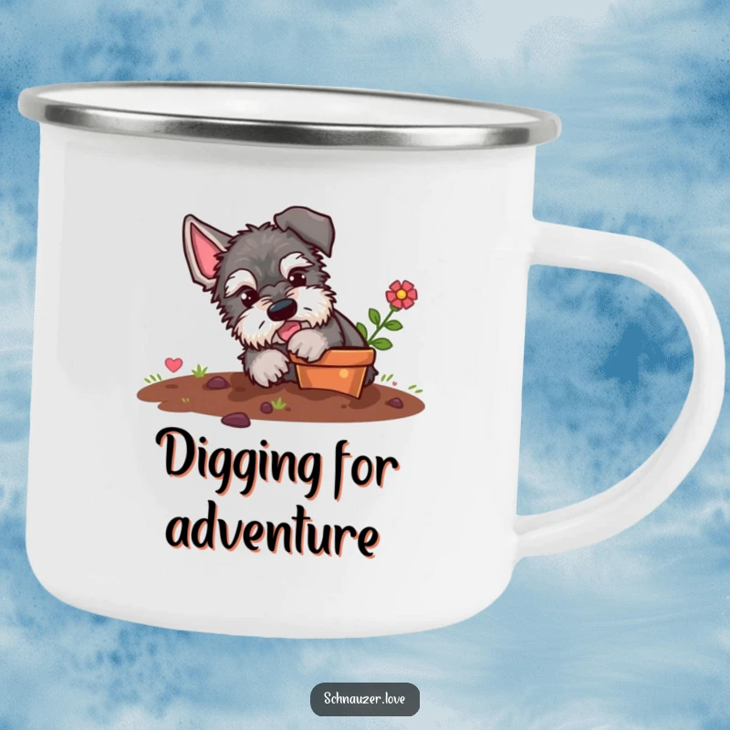 Funny schnauzer camping mug, a sturdy enamel mug with a dog playfully digging in a flower pot, ready for outdoor fun.