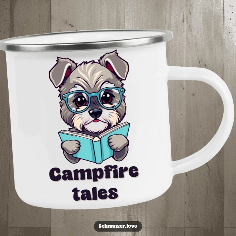 Funny schnauzer camping mug, a sturdy enamel mug with a dog wearing glasses, reading a book, ready for outdoor intellectual pursuits.