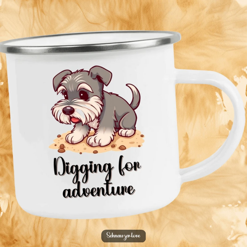 Funny Schnauzer Camping Mug: A happy schnauzer with a wagging tail digging in soft soil, ready for adventure.