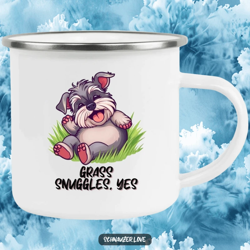 Funny Schnauzer Camping Mug showing a delighted dog rolling on its back in green grass, ready for campfire stories.