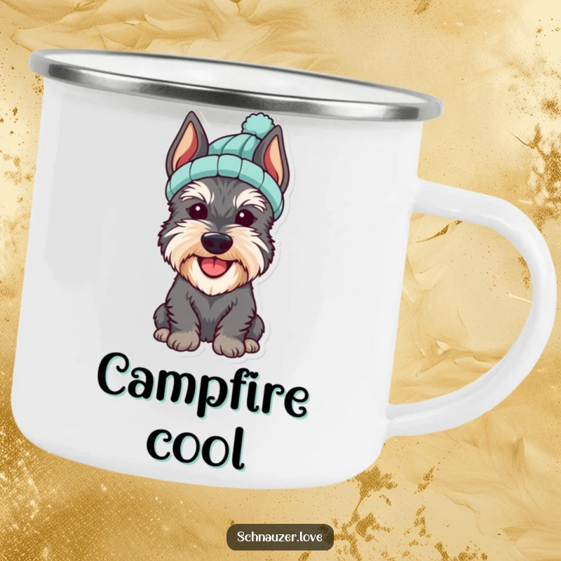 Funny Schnauzer Camping Mug of a cheerful dog wearing a small knitted hat, ready for campfire stories.