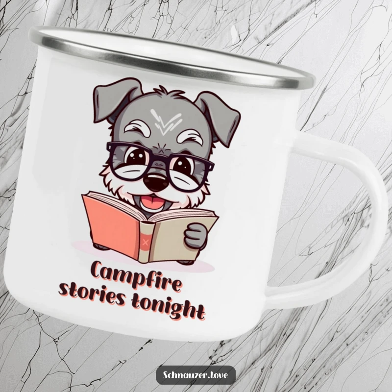 Funny Schnauzer camping mug featuring a dog in glasses reading a book, perfect for outdoor reading sessions with humorous intellectual flair.