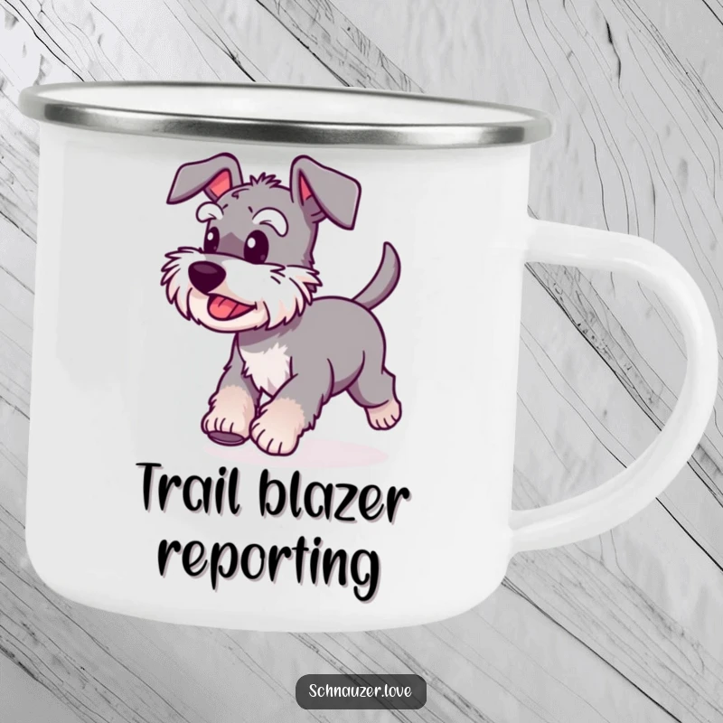 Funny Schnauzer Camping Mug of a happy dog with a wagging tail, running with energy, ready for any trail.