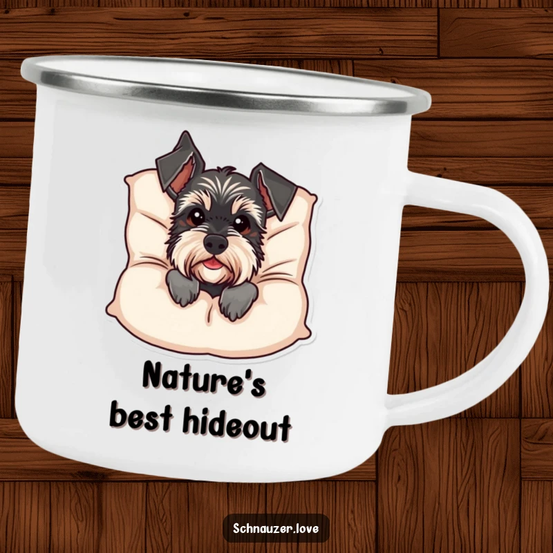 Funny Schnauzer Camping Mug: A playful schnauzer peeks from behind a cushion, perfect for enjoying drinks outdoors with a touch of humor. Great funny gift.