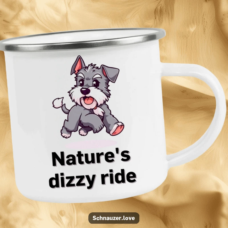 Funny Schnauzer camping mug featuring a playful dog chasing its tail, perfect for outdoor drinks with canine energy and humorous appeal.