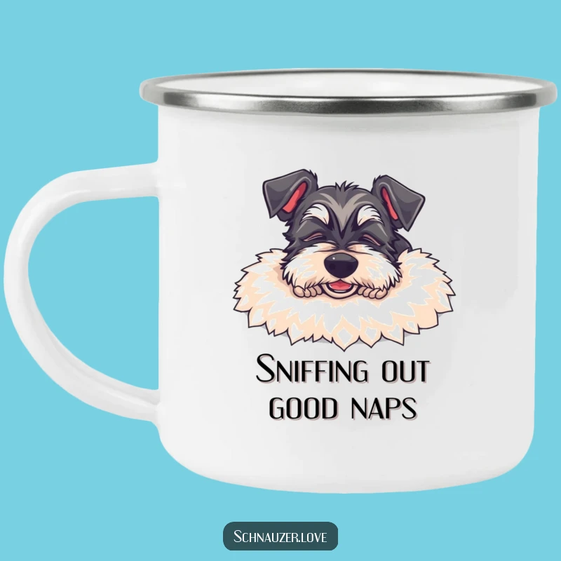 Funny Schnauzer Camp Mug: Adorable Sleeping Dog Enamel Cup, Perfect Funny Gift
