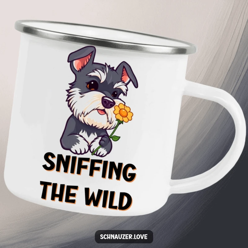 Funny schnauzer camping mug with head tilted curiously sniffing a flower icon, an adorable and inquisitive dog, for outdoors.