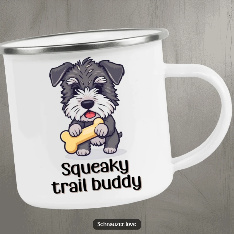 Funny Schnauzer Camping Mug: A happy schnauzer fetching a bone, designed for outdoor fun and humor.
