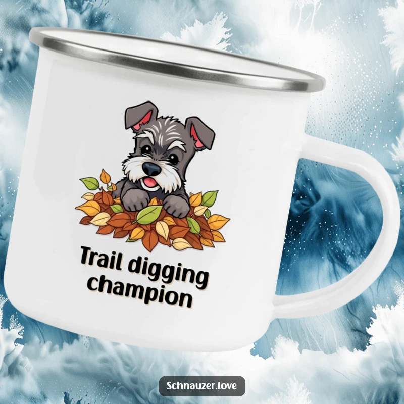 Funny Schnauzer Camping Mug: A schnauzer playfully digging in a pile of leaves, designed for outdoor autumn enjoyment.