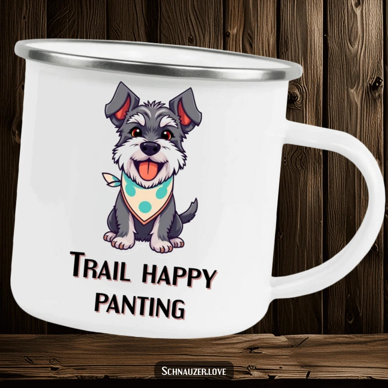 Funny Schnauzer Camping Mug: A happy schnauzer in a bandana, panting with a wagging tail, perfect for your next outdoor escapade.