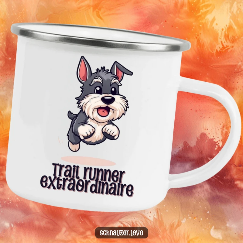 Funny Schnauzer Camping Mug: An energetic schnauzer runs with a ball, perfect for enjoying drinks outdoors with hilarious playfulness.