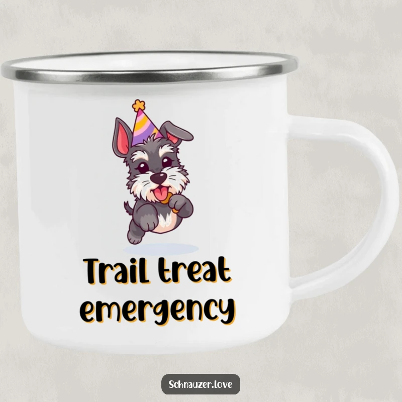 Funny Schnauzer camping mug showing a dog in a party hat jumping for a treat, perfect for outdoor enthusiasts.