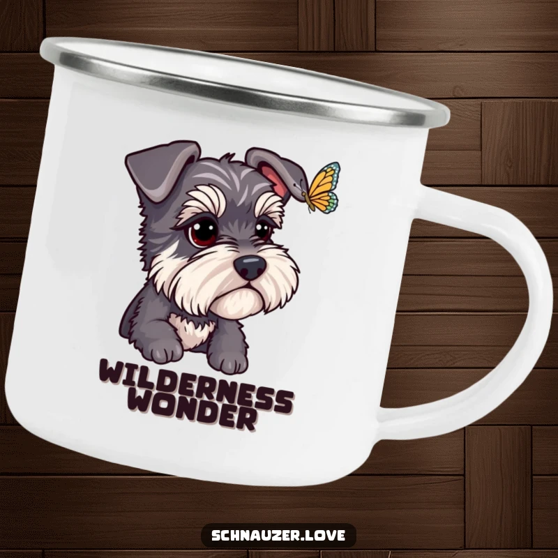 Funny Schnauzer Camping Mug: A schnauzer intently watches a butterfly during outdoor adventures, bringing humor and charm. Ideal funny gift.