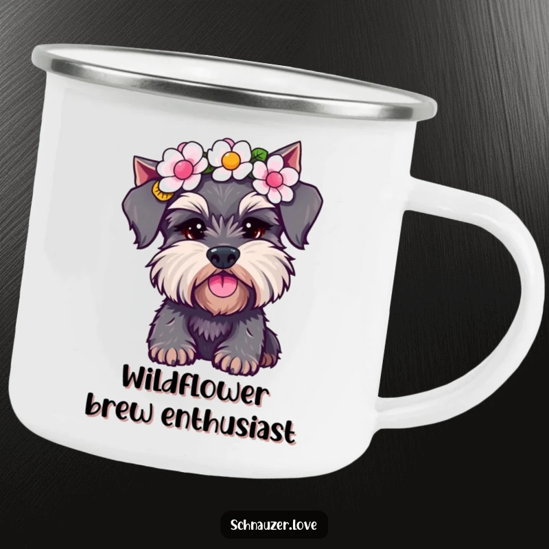 Funny Schnauzer Camping Mug: A dog wearing a flower crown, shaking its head. Durable and humorous, ideal for outdoor enthusiasts.