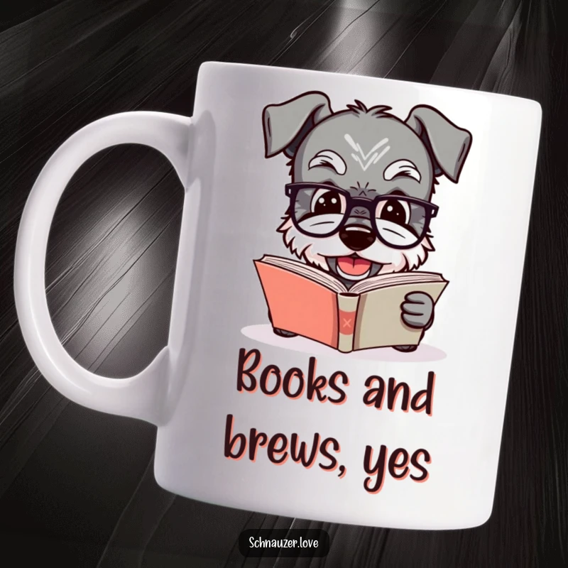 Funny Schnauzer mug showcasing a smiling dog wearing tiny glasses, intently reading a book, embodying intellectual charm and bookish delight.