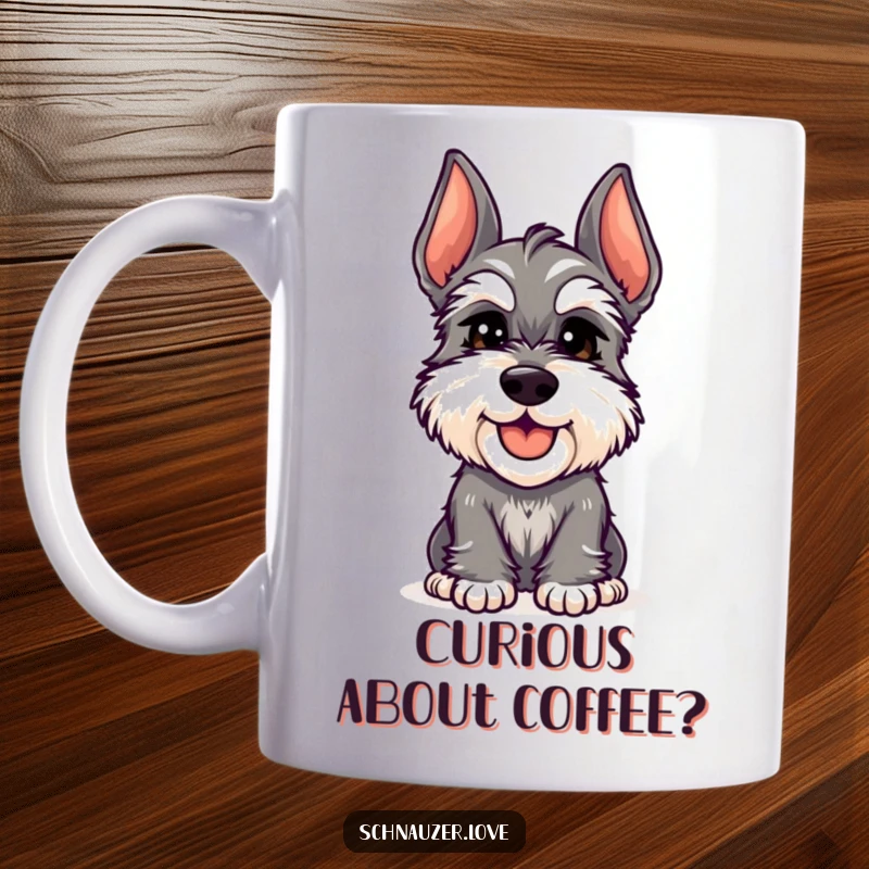 Funny Schnauzer Mug: A cheerful schnauzer tilts its head inquisitively, radiating adorable curiosity and charm for a perfect gift.