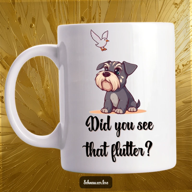 Funny Schnauzer Mug: Wide-eyed schnauzer intensely watches a bird flying overhead, showcasing alertness and a touch of playful obsession.
