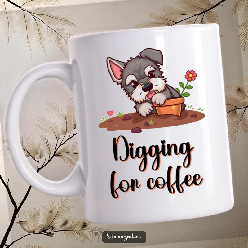Funny schnauzer mug, a cute fluffy dog with dirt on its nose, enthusiastically digging in a small flower pot, pure mischief.