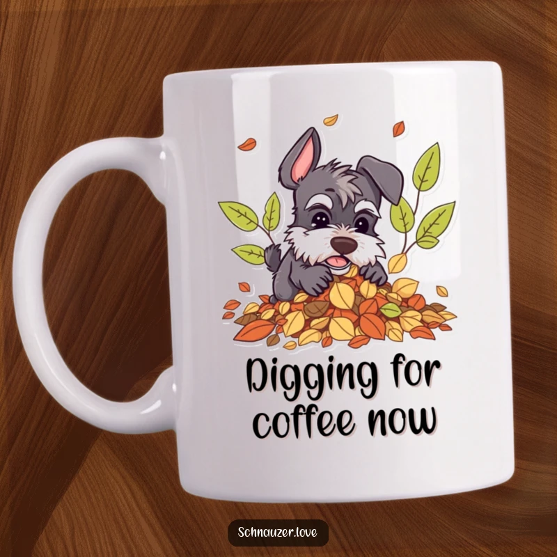 Funny Schnauzer Mug: A schnauzer character joyfully digging in a pile of autumn leaves, perfect for nature-loving humor.