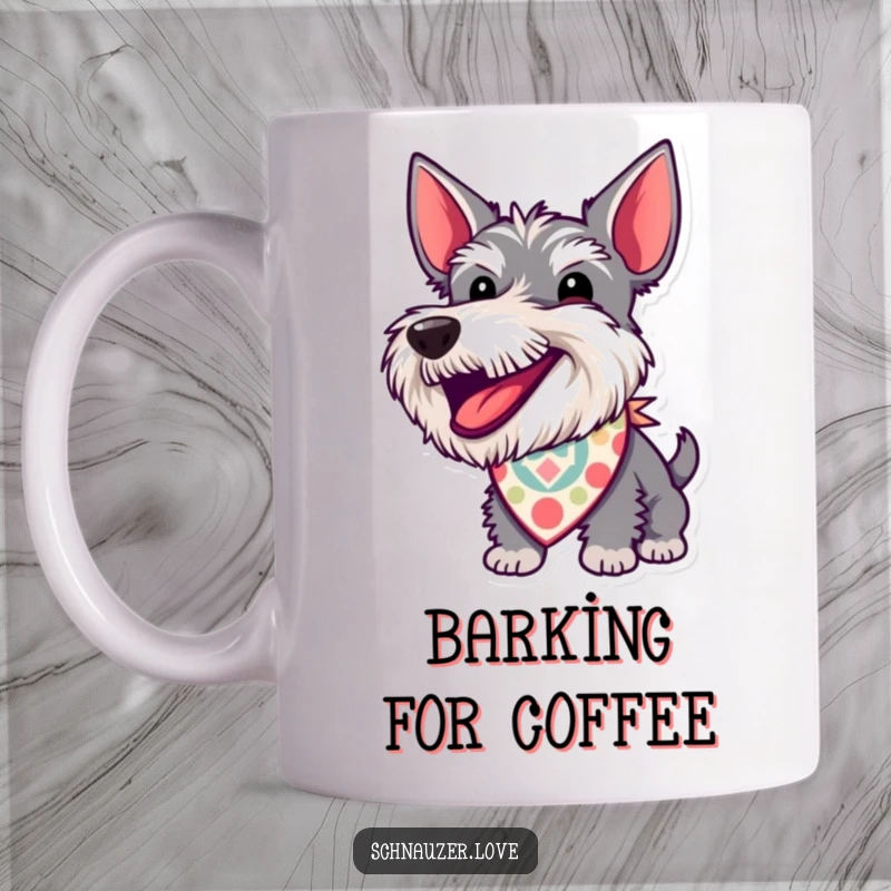 Funny Mug: A schnauzer wearing a patterned bandana is barking with pure excitement, radiating energetic and happy vibes.
