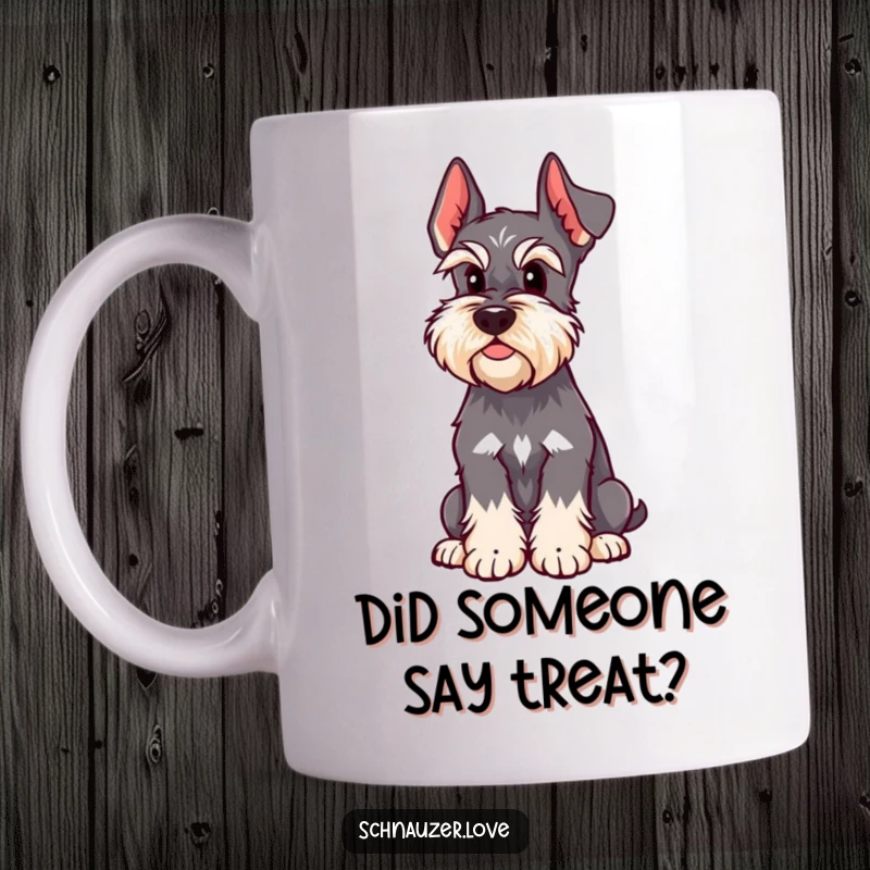 Funny Schnauzer Mug shows a dog sitting attentively with one ear raised, as if catching an interesting sound, a humorous gift.