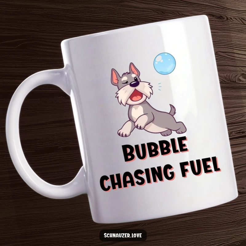 Funny mug of a playful schnauzer dog leaping mid-air to catch a floating bubble.