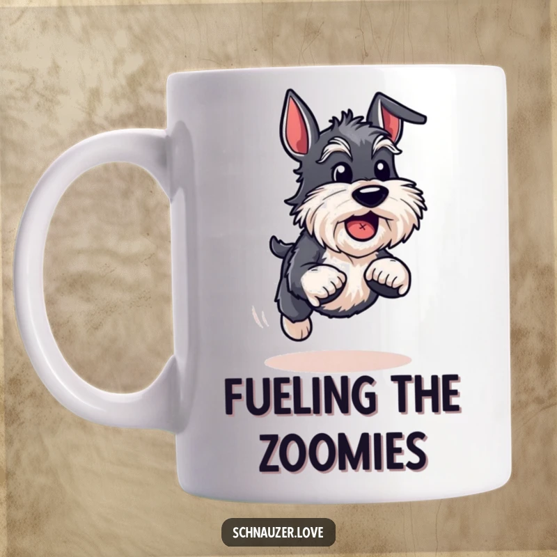 Funny Schnauzer Mug: An energetic schnauzer sprints joyfully with a ball, embodying speed and playful determination for a great gift.