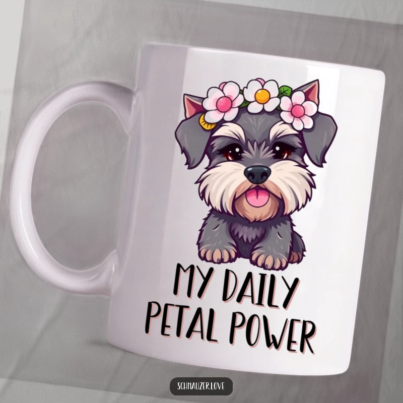Funny Schnauzer Mug: Adorable dog wearing a flower crown, shaking its head playfully. A charming and humorous gift for schnauzer enthusiasts.