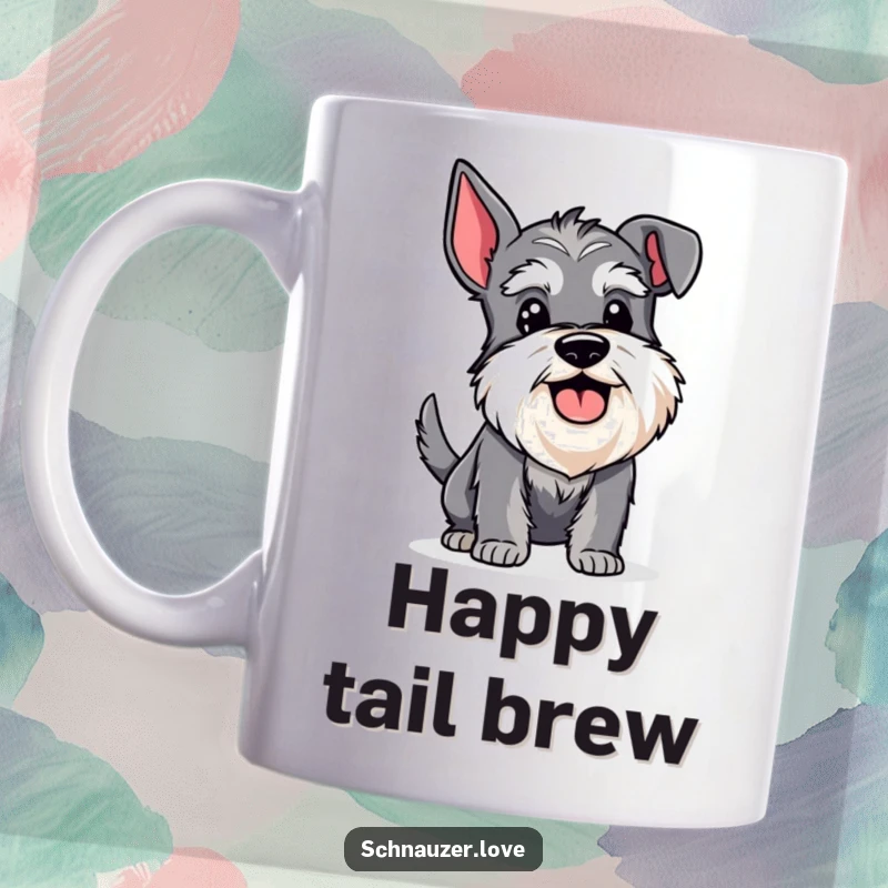 Funny Schnauzer Mug: Bearded schnauzer with a happy panting face, excitedly wagging its tail, full of pure joy.