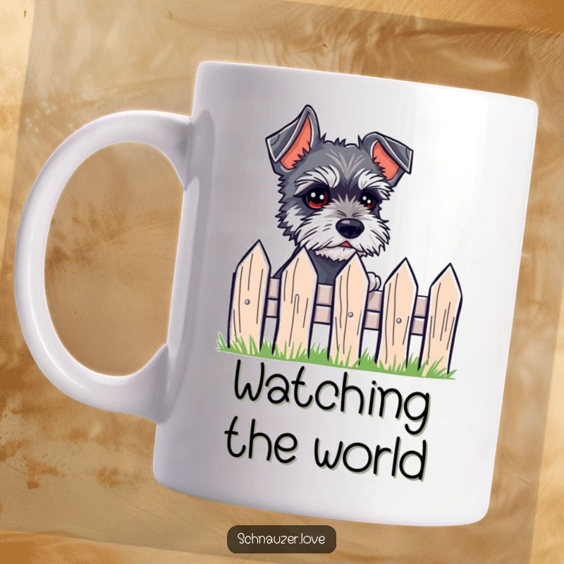 Funny Mug featuring a small schnauzer with expressive eyes peeking over a tiny fence, showing innocent curiosity.