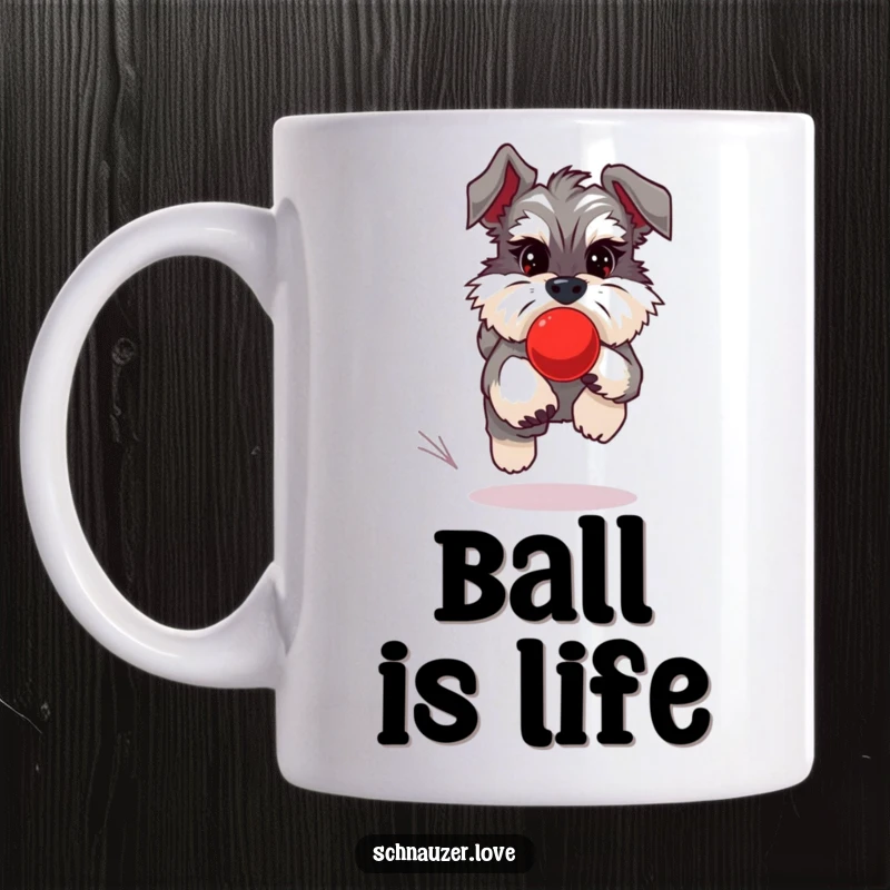 Funny Schnauzer Dog Mug showing a fluffy schnauzer enthusiastically chasing a bouncing red ball, capturing pure joy.