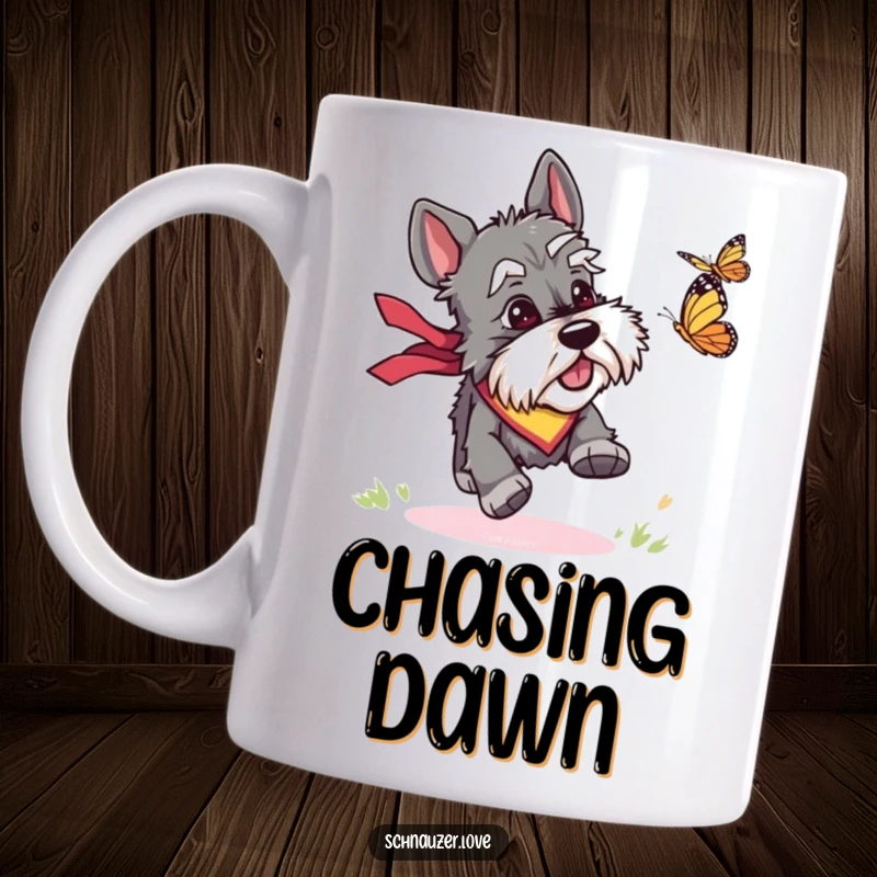 Funny mug showing a bandana-wearing schnauzer enthusiastically chasing a fluttering butterfly, capturing a moment of pure canine joy.