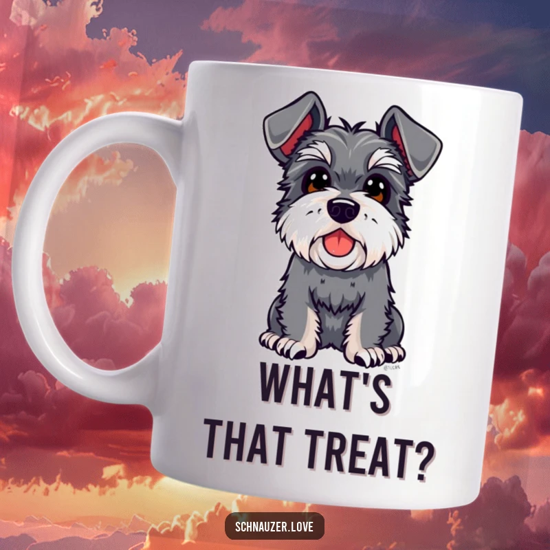Funny Schnauzer Mug: A delighted schnauzer with prominent floppy ears looks up curiously, exuding innocent charm and humor.