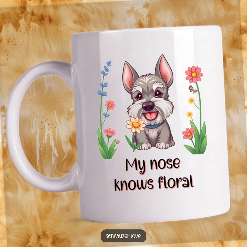 Funny Schnauzer mug with a happy expression, curiously sniffing a vibrant flower, representing pure doggy delight and a perfect gift.