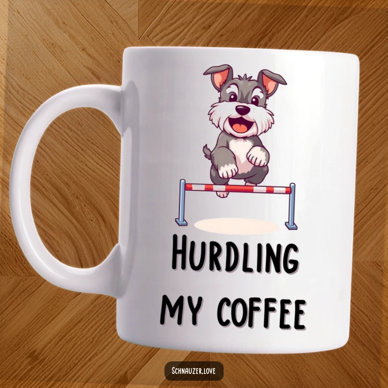 Funny Schnauzer mug featuring a cute dog happily jumping over a tiny hurdle, radiating playful energy and determination.