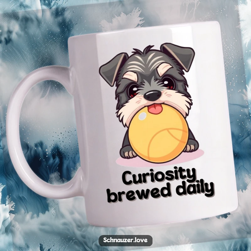 Funny Schnauzer mug showing a curious dog peeking over a ball with its tongue slightly out, inviting playful interaction.