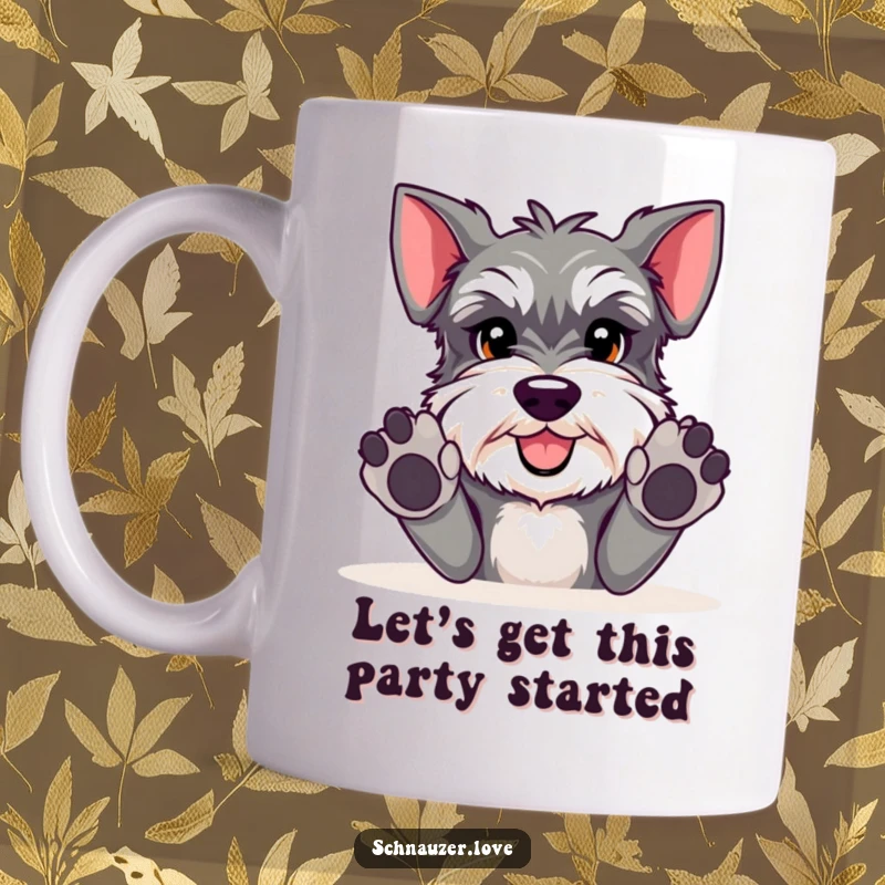 Funny Schnauzer mug showing a cute schnauzer dog with paws outstretched, eagerly inviting playtime and joy.