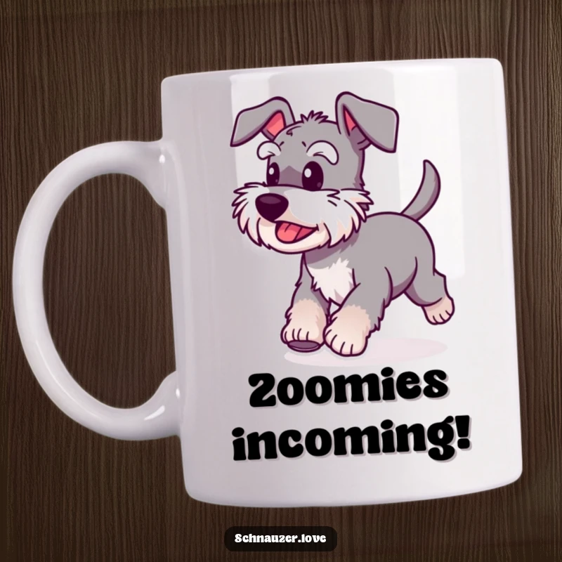 Funny Schnauzer Mug showing a happy dog with a wagging tail, excitedly running forward, full of anticipation.