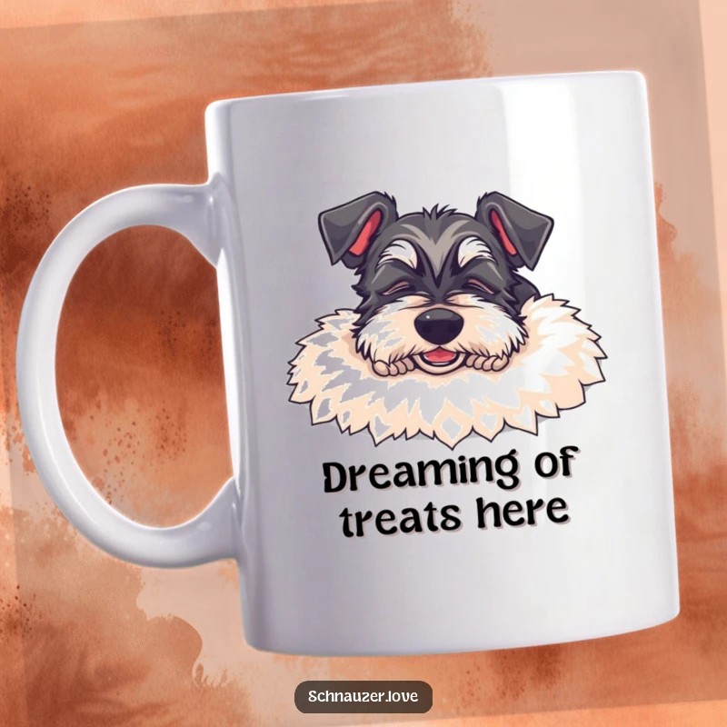 Funny Schnauzer Mug: Content dog with closed eyes sleeps peacefully on a soft rug, radiating pure joy and relaxation.