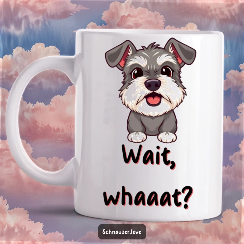 Funny Schnauzer Mug showing a surprised dog with its mouth slightly open and eyes wide, caught in a moment of shock.