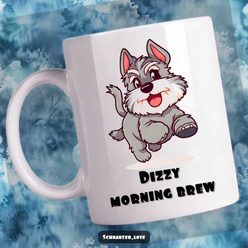 Funny Mug featuring a fluffy schnauzer joyfully chasing its tail in a comical, energetic spin.
