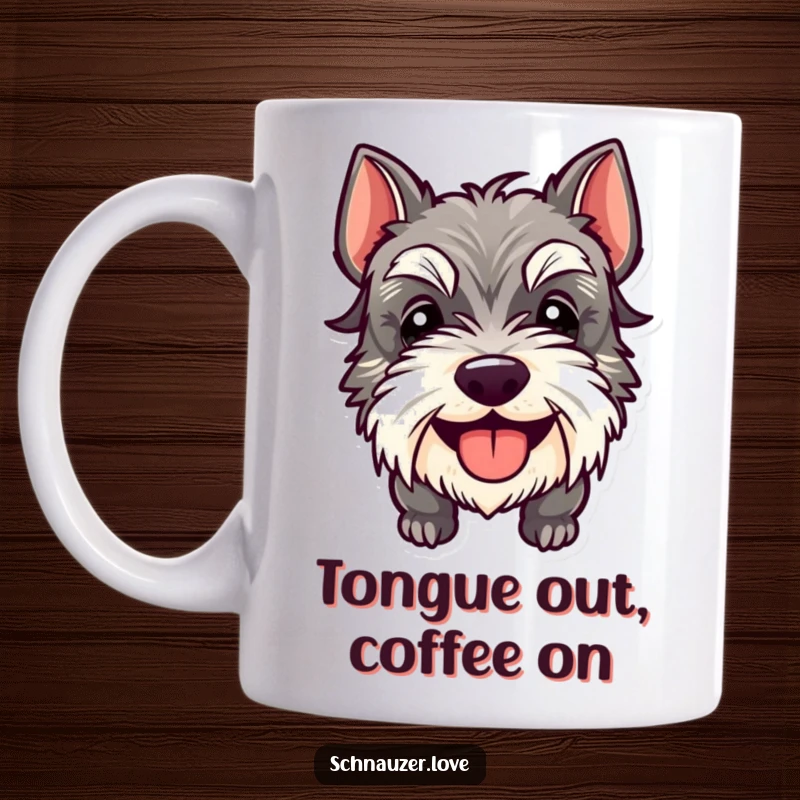 Funny Schnauzer Mug featuring a happy dog with its tongue sticking out, conveying pure, uninhibited joy and silliness.