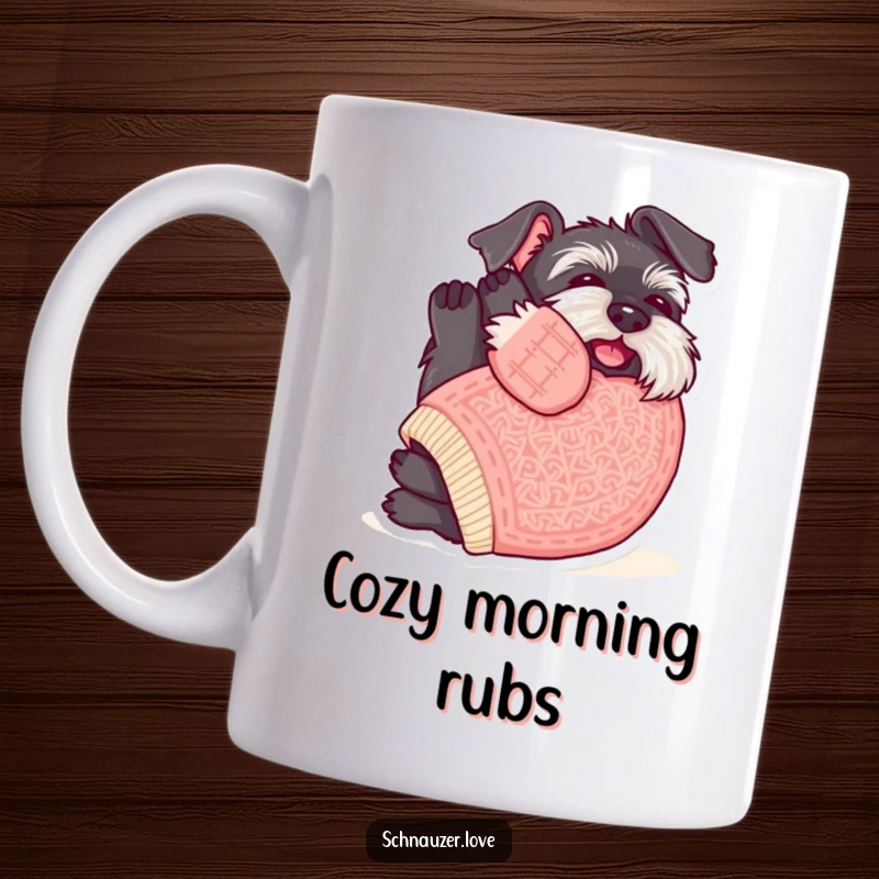 Funny Schnauzer Mug: Schnauzer in a cute sweater rolling on its back, adorably demanding belly rubs with humor.