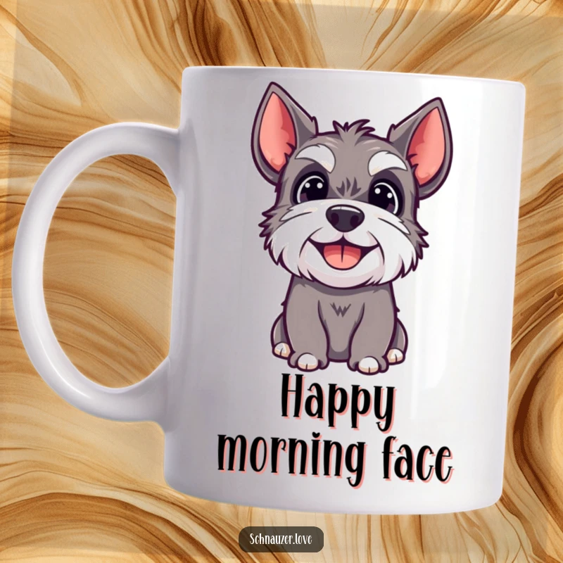 Funny mug of a cute schnauzer dog with a big happy expression, looking upwards with adoration.