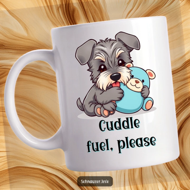 Funny Mug: A schnauzer with adorable floppy ears is joyfully cuddling a plush toy, radiating happiness and charm.