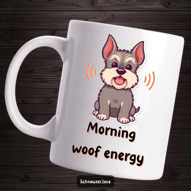 Funny Mug featuring a happy schnauzer silhouette with playful bark sound waves, expressing joyous canine communication.