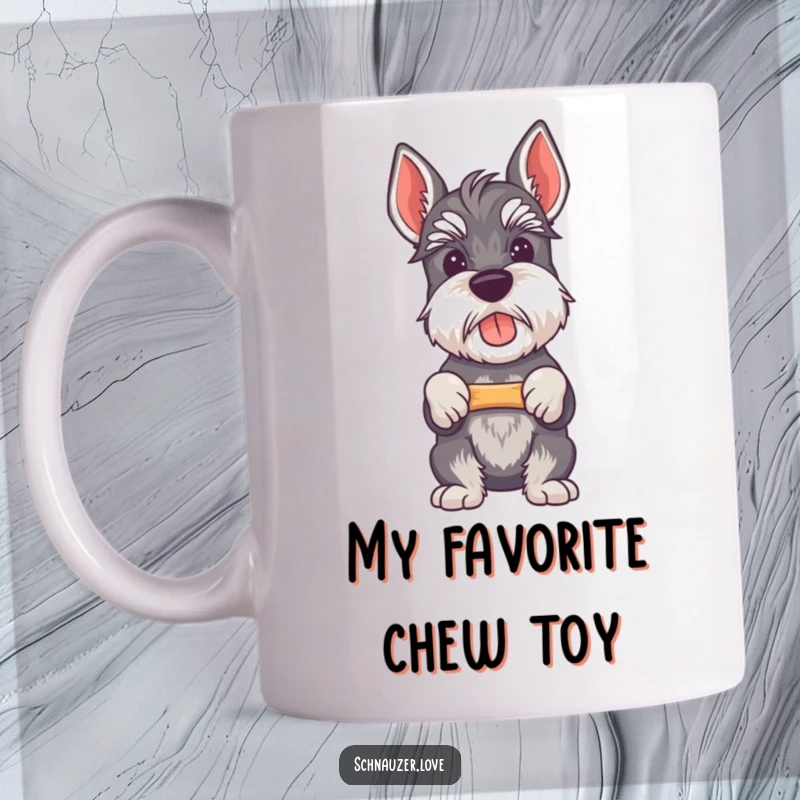 Funny Schnauzer mug showing a proud schnauzer heroically holding a tiny bone, a delightful gift for dog enthusiasts.